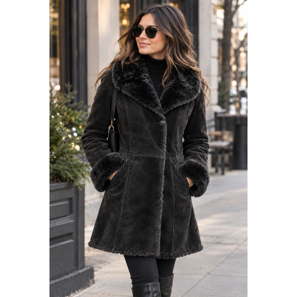 Wilsons Leather Black Faux Shearling Penny Lane Coat L Y2K
